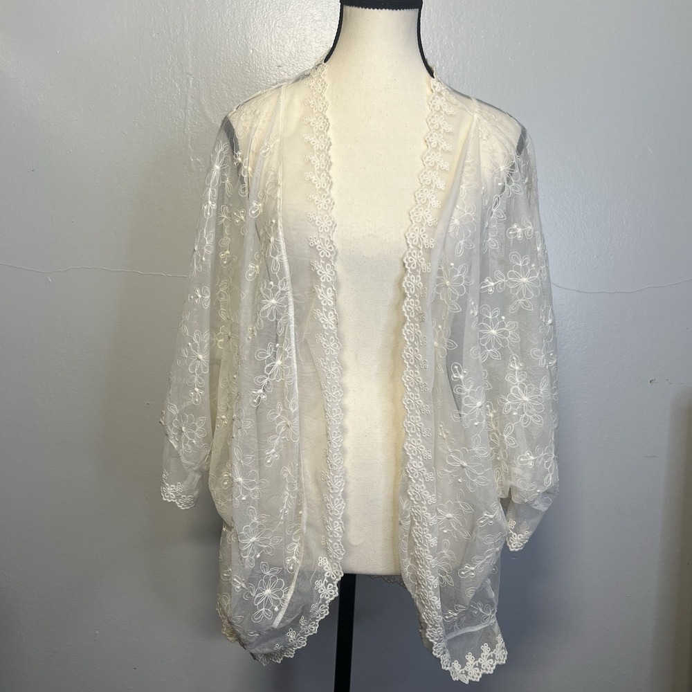 Self Esteem Ivory Lace Kimono Floral Embroidered Open Front Sheer Bohemian Sz XL